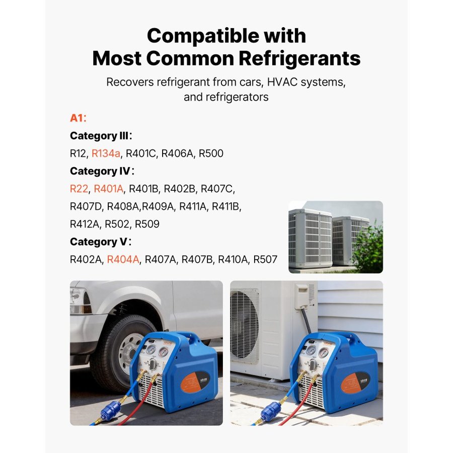 VEVOR AC Refrigerant Recovery Machine – 3/4 HP, 1450 RPM