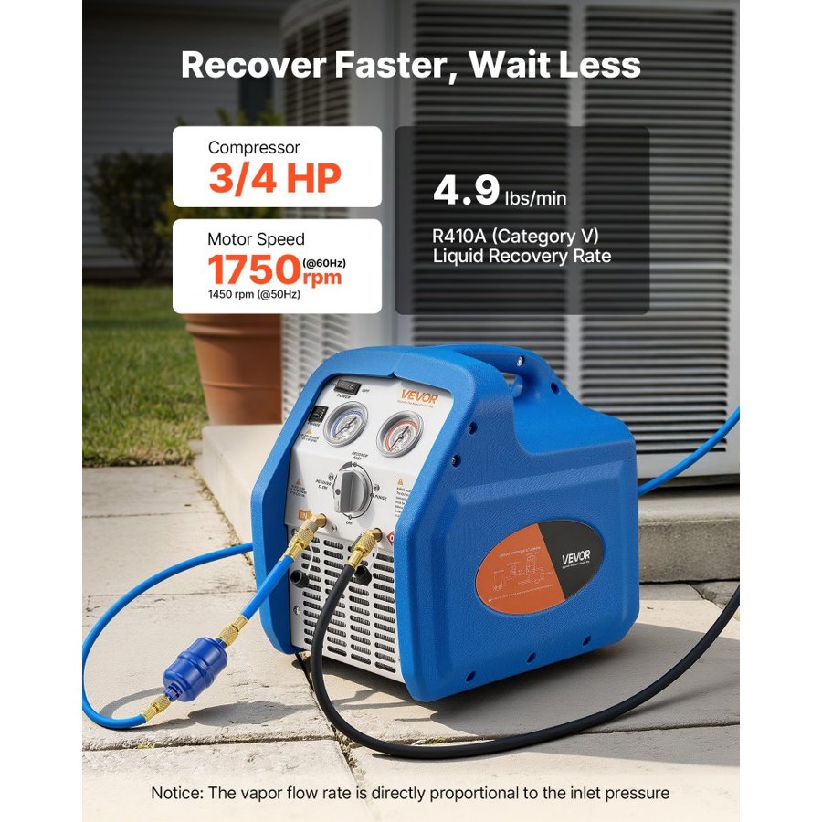 VEVOR AC Refrigerant Recovery Machine – 3/4 HP, 1450 RPM