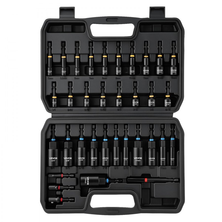 VEVOR Nut Driver Set, 34-Piece, SAE and Metric Sizes, Magnetic Nut Drivers, with AD Setter, Bit Extension Bar, and Carrying Case, Versatile for Automotive Repairs, Home Improvements, and DIY Tasks