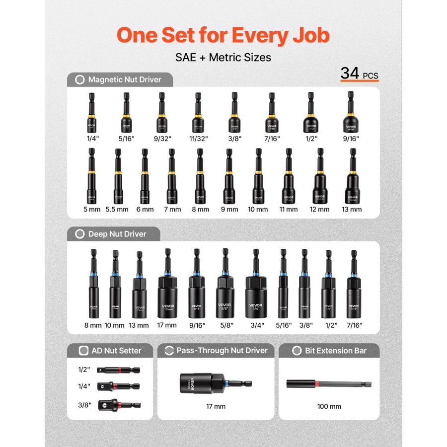 VEVOR Nut Driver Set, 34-Piece, SAE and Metric Sizes, Magnetic Nut Drivers, with AD Setter, Bit Extension Bar, and Carrying Case, Versatile for Automotive Repairs, Home Improvements, and DIY Tasks
