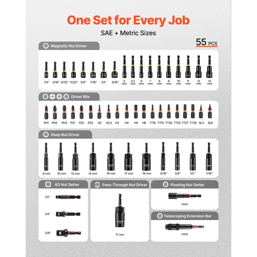 VEVOR Nut Driver Set, 55-Piece, SAE and Metric Sizes, Magnetic Nut Drivers, with Setters, Extension Bar, Bits, and Carrying Case, Versatile for Automotive Repairs, Home Improvements, and DIY Tasks