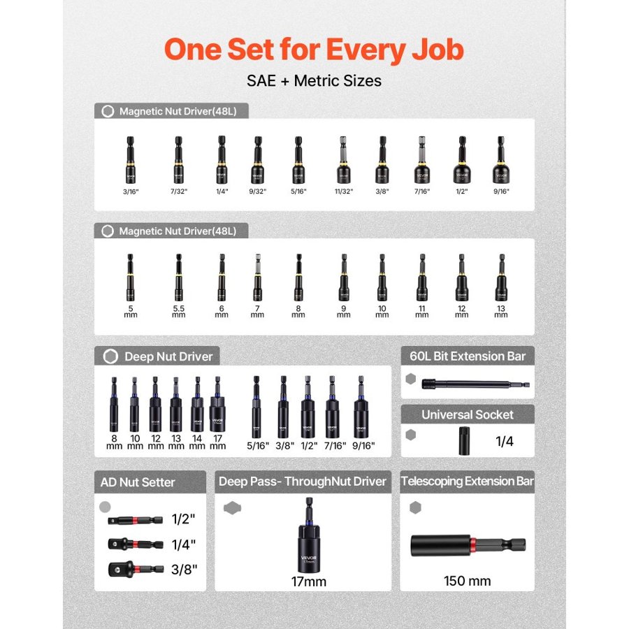VEVOR Nut Driver Set, 80-Piece, SAE and Metric Sizes, Magnetic Nut Drivers, with Setter, Extension Bars, Universal Socket, and Carrying Case, for Automotive Repairs, Home Improvements, and DIY Tasks
