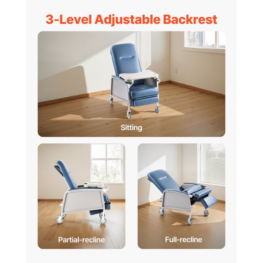 VEVOR Geri Chair Recliner, 3-Position Reclining Geri Chair, Movable Medical Recliner Chairs with 4 Wheels, Soft Padded Seat & Detachable Tray, Ideal for Hospital, Nursing Home, and Geriatric Home Care