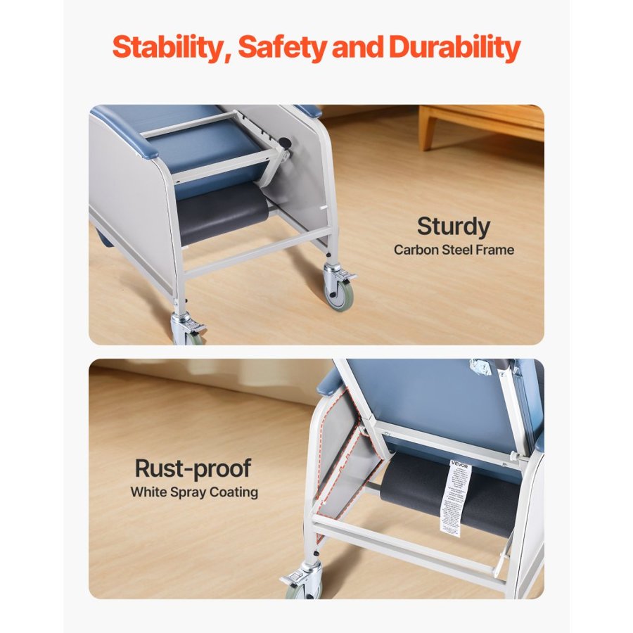 VEVOR Geri Chair Recliner, 3-Position Reclining Geri Chair, Movable Medical Recliner Chairs with 4 Wheels, Soft Padded Seat & Detachable Tray, Ideal for Hospital, Nursing Home, and Geriatric Home Care
