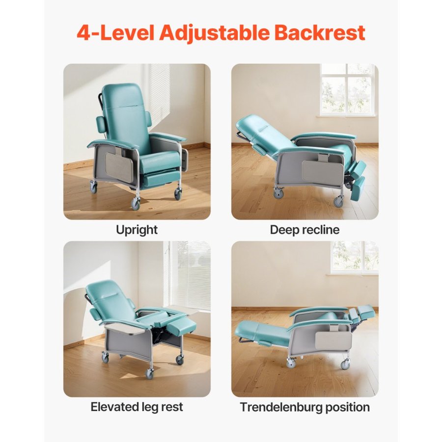 VEVOR Geri Chair Recliner, 4-Position Reclining Geri Chair, Trendelenburg Medical Recliner Chair with 4 Wheels, Soft Padded Seat & 2 Trays for Hospital, Nursing Home, Geriatric Home Care