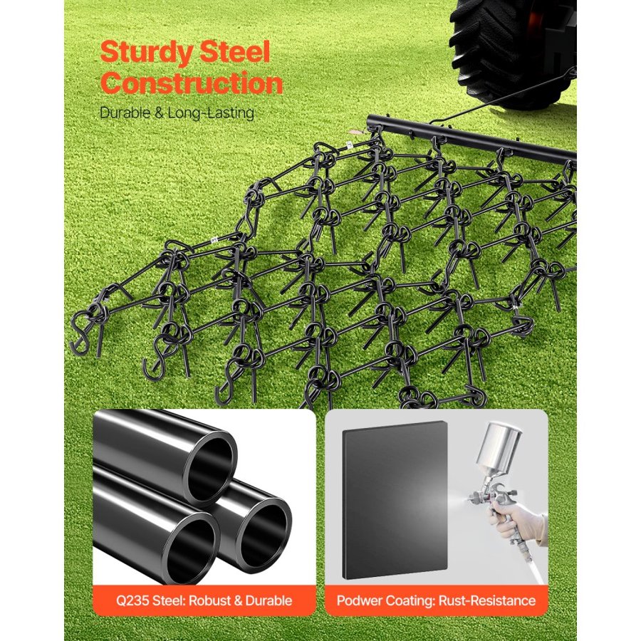 VEVOR Drag Harrow, 4 x 4 ft Durable Chain Harrow with 69 Sharp Teeth, Suitable for ATV UTV Tractor, Ideal for Soil Preparation, Seeding, Smoothing Landscapes, and Yard Gravel Driveway Maintenance