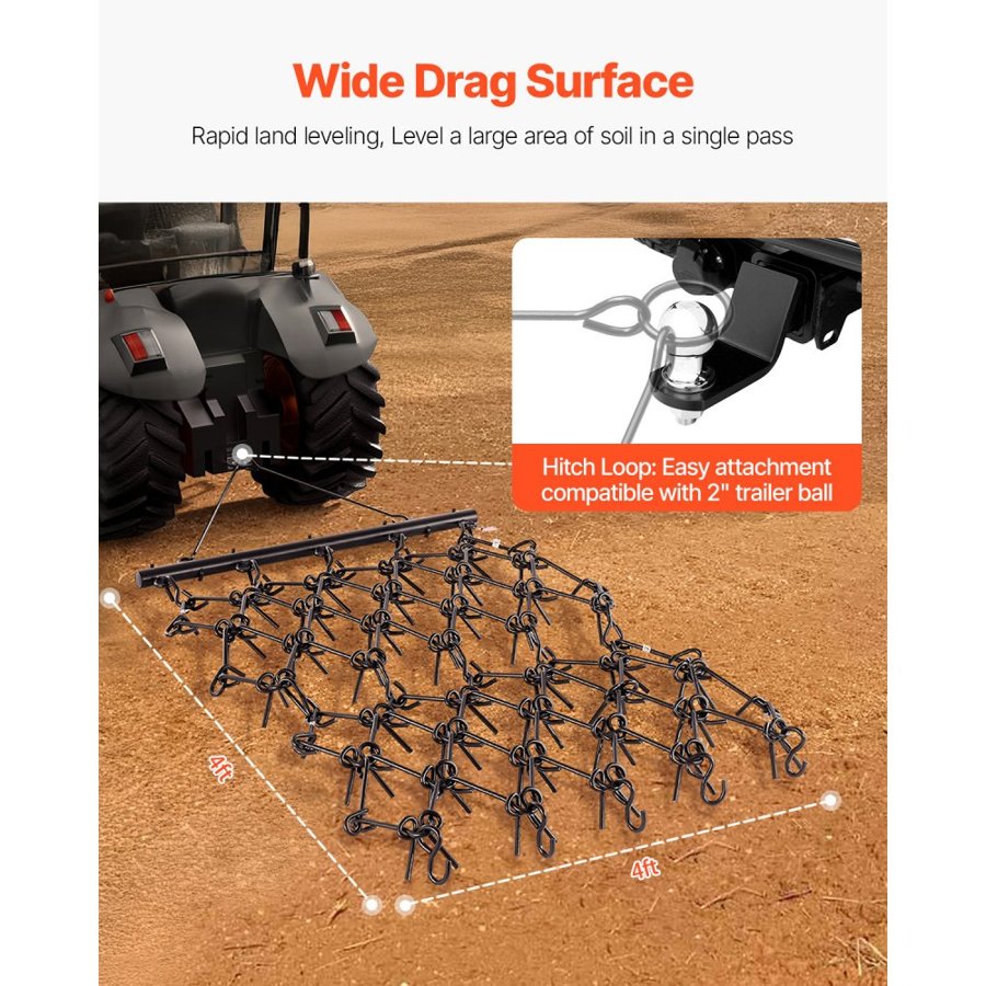 VEVOR Drag Harrow, 4 x 4 ft Durable Chain Harrow with 69 Sharp Teeth, Suitable for ATV UTV Tractor, Ideal for Soil Preparation, Seeding, Smoothing Landscapes, and Yard Gravel Driveway Maintenance