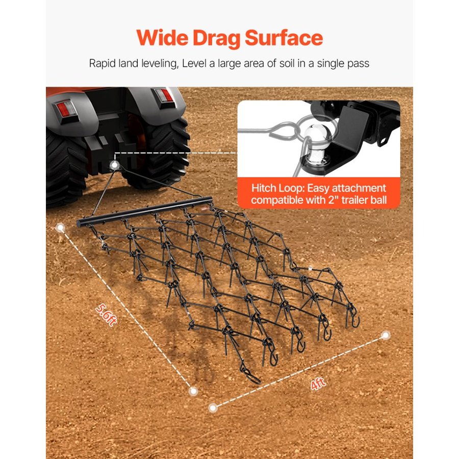 VEVOR Drag Harrow, 4 ft x 5.6 ft Durable Chain Harrow with 80 Sharp Teeth, Suitable for ATV UTV Tractor, Ideal for Soil Preparation, Seeding, Smoothing Landscapes, and Yard Gravel Driveway Maintenance