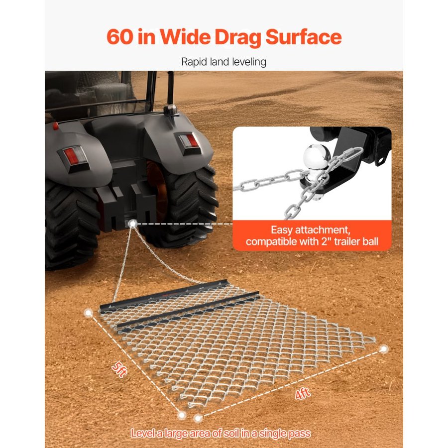 VEVOR Drag Harrow, 4 x 5 ft Chain Harrow - Made from Q235 Steel, UTV Tractor Attachments for Landscape Leveling or Sod Prepping, Durable Harrow Rake for Gravel Driveway, Farm Field Garden Black