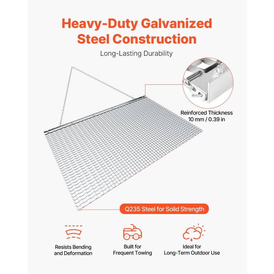 VEVOR Drag Harrow, 1.5x0.9 m, High-Efficiency Chain Harrow Rake, ATVs UTVs Tractors Attachments, Durable Galvanized Steel Mesh Drag Mat with Towing Chain, for Gravel Driveway Ruts Farm Field Leveling