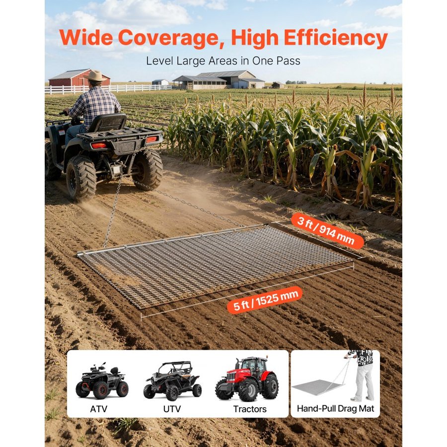 VEVOR Drag Harrow, 1.5x0.9 m, High-Efficiency Chain Harrow Rake, ATVs UTVs Tractors Attachments, Durable Galvanized Steel Mesh Drag Mat with Towing Chain, for Gravel Driveway Ruts Farm Field Leveling