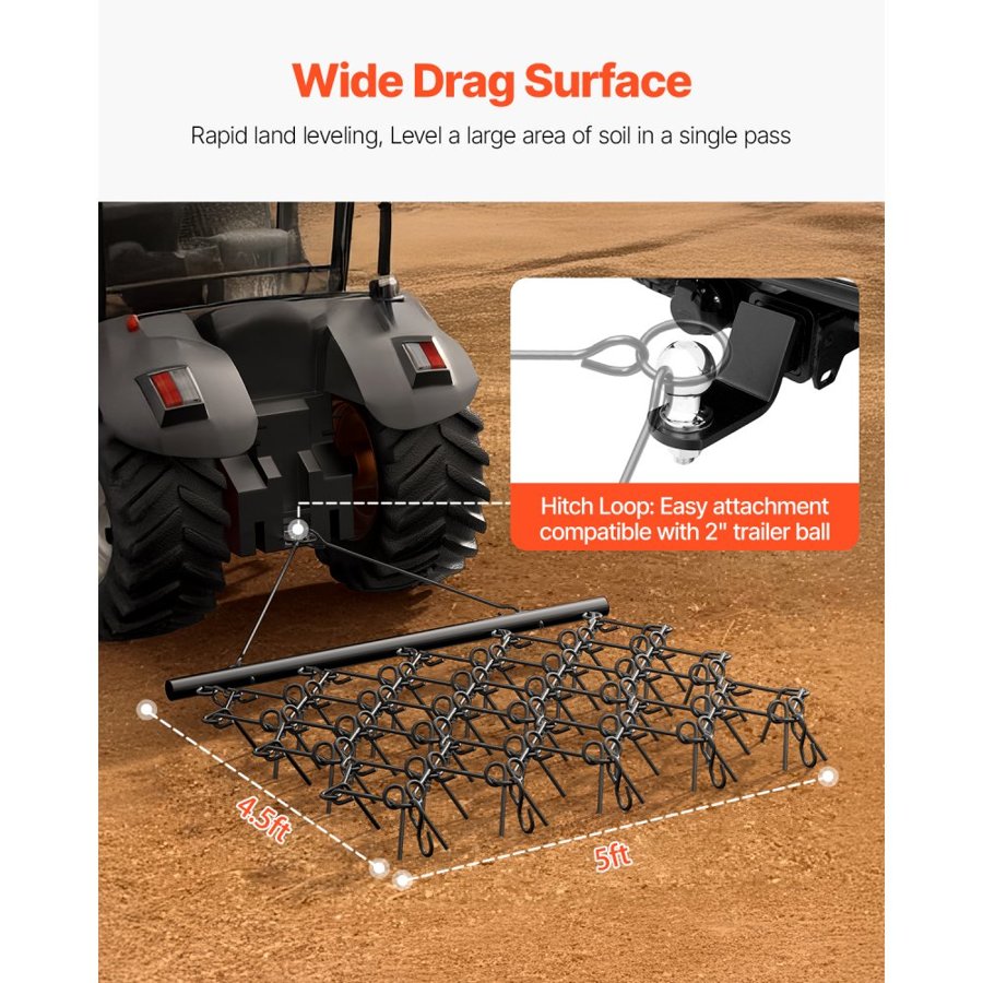 VEVOR Drag Harrow, 5 x 4.5 ft Durable Chain Harrow with 60 Sharp Teeth, Suitable for ATV UTV Tractor, Ideal for Soil Preparation, Seeding, Smoothing Landscapes, and Yard Gravel Driveway Maintenance