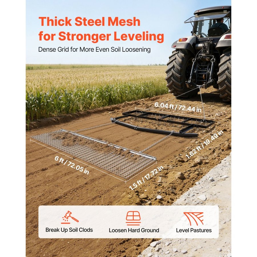 VEVOR 6 ft Drag Harrow – 19.49 × 72.44 Inch, 80 LBS