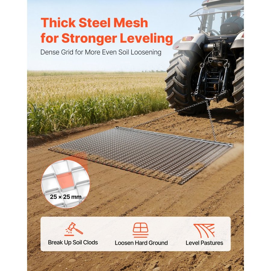 VEVOR Drag Harrow, 1.8x0.9 m, High-Efficiency Chain Harrow Rake, ATVs UTVs Tractors Attachments, Durable Galvanized Steel Mesh Drag Mat with Towing Chain, for Gravel Driveway Ruts Farm Field Leveling
