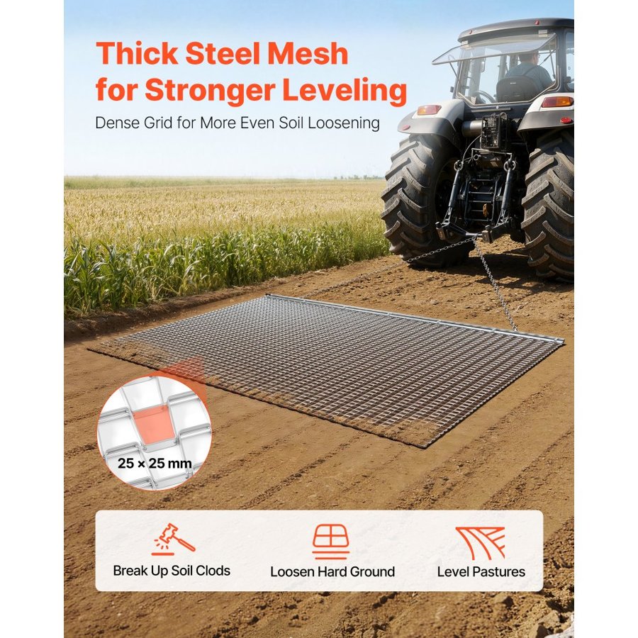 VEVOR Drag Harrow, 2 x 1.2 m, High-Efficiency Chain Harrow Rake, ATVs UTVs Tractors Attachments, Durable Galvanized Steel Mesh Drag Mat with Towing Chain, for Gravel Driveway Ruts Farm Field Leveling