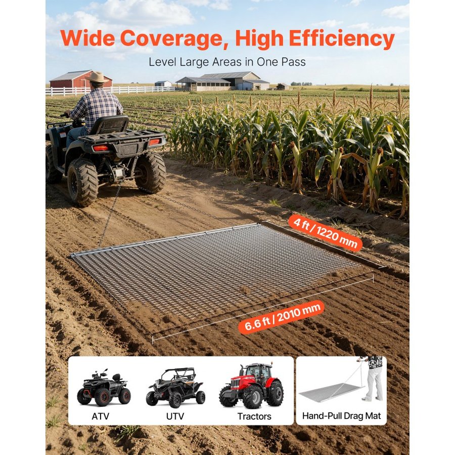VEVOR Drag Harrow, 2 x 1.2 m, High-Efficiency Chain Harrow Rake, ATVs UTVs Tractors Attachments, Durable Galvanized Steel Mesh Drag Mat with Towing Chain, for Gravel Driveway Ruts Farm Field Leveling