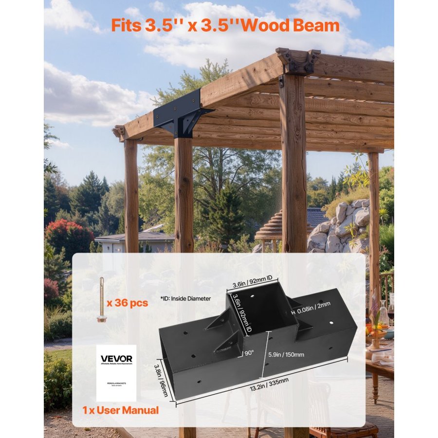 VEVOR Pergola Kit 2-Pack, T-Shaped 4x4 (Actual 92 x 92 mm), 3-Way Pergola Brackets DIY Woodworking Gazebo Bracket Kit with Screws for 92 x 92 mm Wood Beams in Actual Size for Outdoor Party Banquet