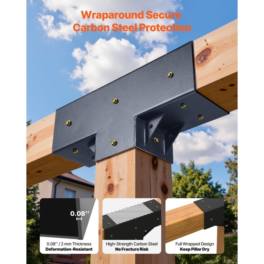 VEVOR Pergola Kit 2-Pack, T-Shaped 4x4 (Actual 92 x 92 mm), 3-Way Pergola Brackets DIY Woodworking Gazebo Bracket Kit with Screws for 92 x 92 mm Wood Beams in Actual Size for Outdoor Party Banquet