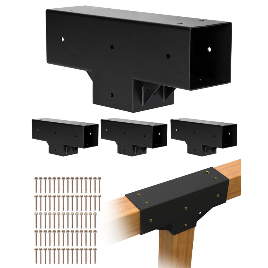 VEVOR Pergola Kit 4-Pack, T-Shaped 4x4 (Actual 92 x 92 mm), 3-Way Pergola Brackets DIY Woodworking Gazebo Bracket Kit with Screws for 92 x 92 mm Wood Beams in Actual Size for Outdoor Party Banquet