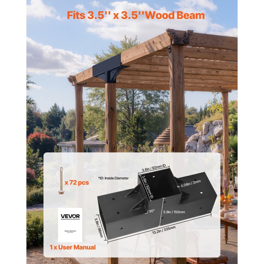 VEVOR Pergola Kit 4-Pack, T-Shaped 4x4 (Actual 92 x 92 mm), 3-Way Pergola Brackets DIY Woodworking Gazebo Bracket Kit with Screws for 92 x 92 mm Wood Beams in Actual Size for Outdoor Party Banquet