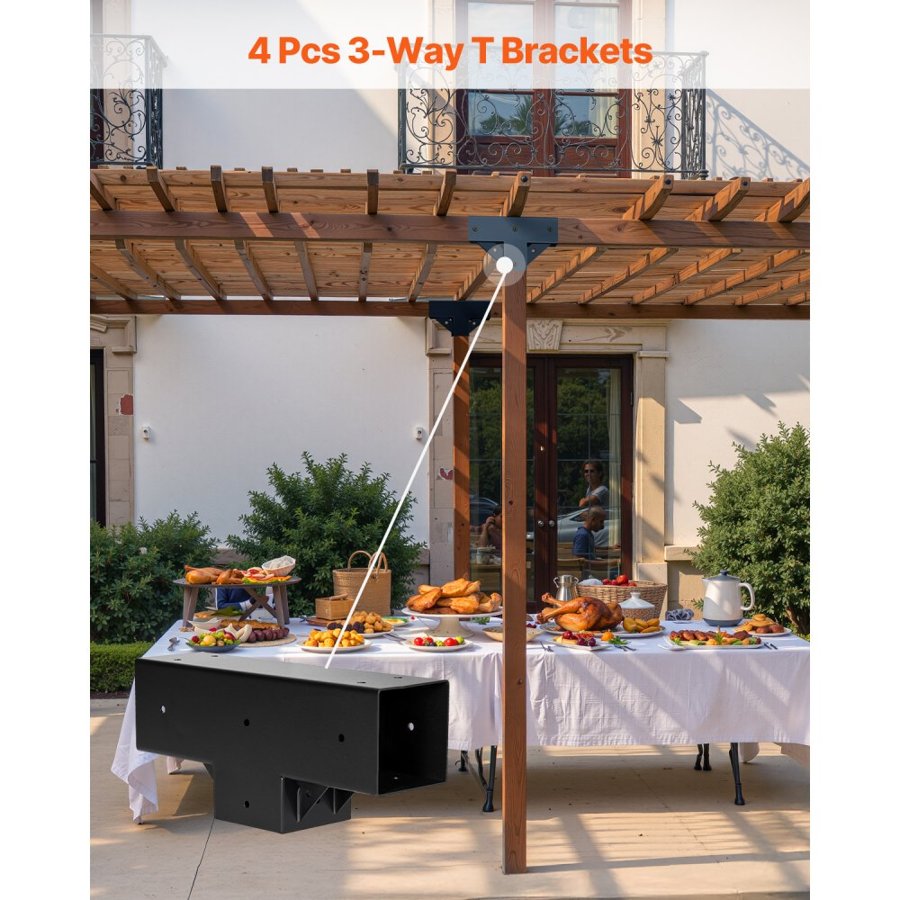 VEVOR Pergola Kit 4-Pack, T-Shaped 4x4 (Actual 92 x 92 mm), 3-Way Pergola Brackets DIY Woodworking Gazebo Bracket Kit with Screws for 92 x 92 mm Wood Beams in Actual Size for Outdoor Party Banquet