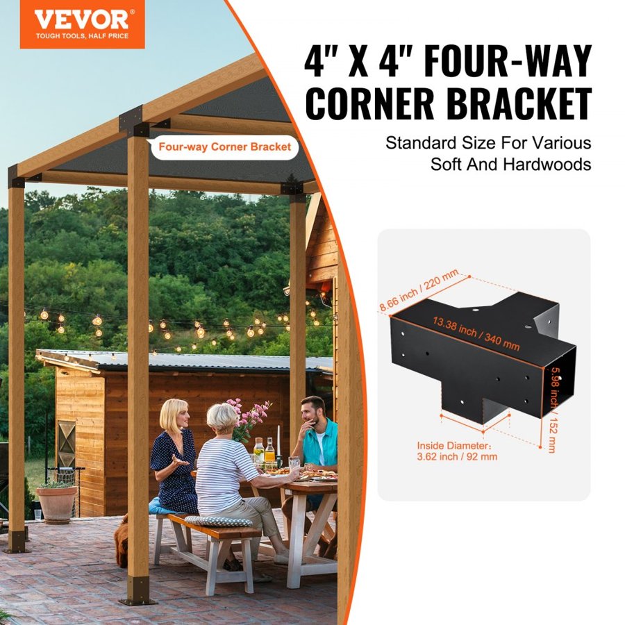 VEVOR Pergola Bracket Kit 10.2 cm x 10.2 cm, Inner Size 9.1 cm x 9.1 cm 2pcs 4-Way Heavy Duty Corner Bracket Woodworks DIY Post Base Kit, Easy Installation Wooden Beams for Gazebos, Patio Pergolas, Log Cabin Outdoor Pergola Hardware