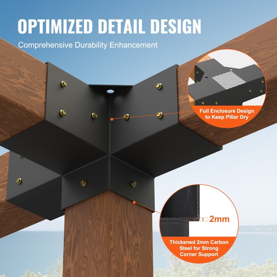 VEVOR Pergola Bracket Kit 10.2 cm x 10.2 cm, Inner Size 9.1 cm x 9.1 cm 2pcs 4-Way Heavy Duty Corner Bracket Woodworks DIY Post Base Kit, Easy Installation Wooden Beams for Gazebos, Patio Pergolas, Log Cabin Outdoor Pergola Hardware