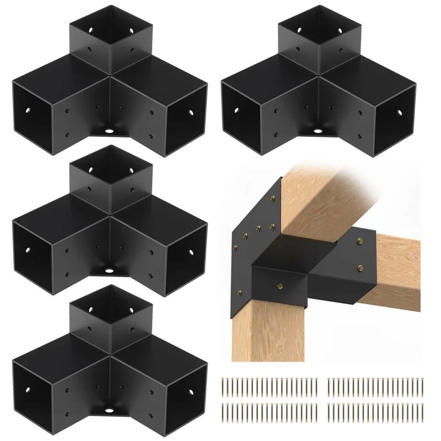 VEVOR Pergola Bracket Kit 10.2 cm x 10.2 cm, Inner Size 9.1 cm x 9.1 cm 4pcs 3-Way Heavy Duty Corner Bracket Woodworks DIY Post Base Kit, Easy Installation Wooden Beams for Gazebos, Patio Pergolas, Log Cabin Outdoor Pergola Hardware