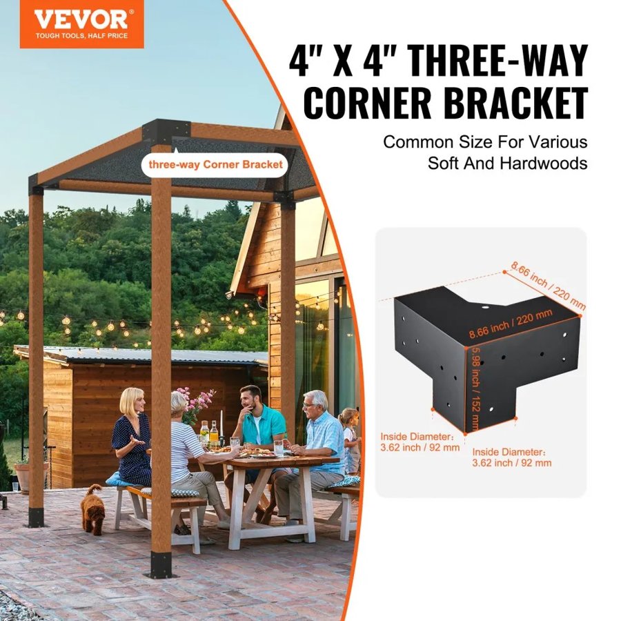 VEVOR Pergola Bracket Kit 10.2 cm x 10.2 cm, Inner Size 9.1 cm x 9.1 cm 4pcs 3-Way Heavy Duty Corner Bracket Woodworks DIY Post Base Kit, Easy Installation Wooden Beams for Gazebos, Patio Pergolas, Log Cabin Outdoor Pergola Hardware