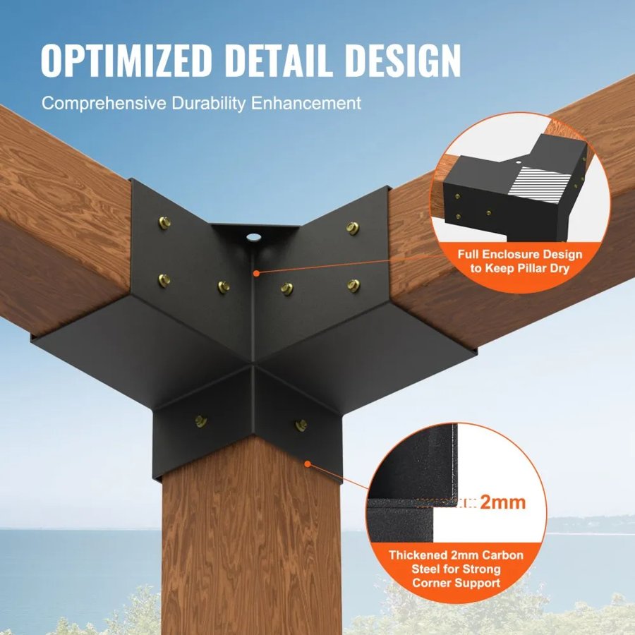 VEVOR Pergola Bracket Kit 10.2 cm x 10.2 cm, Inner Size 9.1 cm x 9.1 cm 4pcs 3-Way Heavy Duty Corner Bracket Woodworks DIY Post Base Kit, Easy Installation Wooden Beams for Gazebos, Patio Pergolas, Log Cabin Outdoor Pergola Hardware