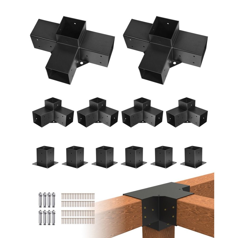 VEVOR Pergola Kit, 4x4 Inch Pergola Brackets for 92 x 92 mm Wood Beams in Actual Dimension, 3-Way (4 Pcs) and 4-Way (2 Pcs) Gazebo Brackets with 6 Post Bases, for Outdoor Pergolas, Gazebos, Sheds