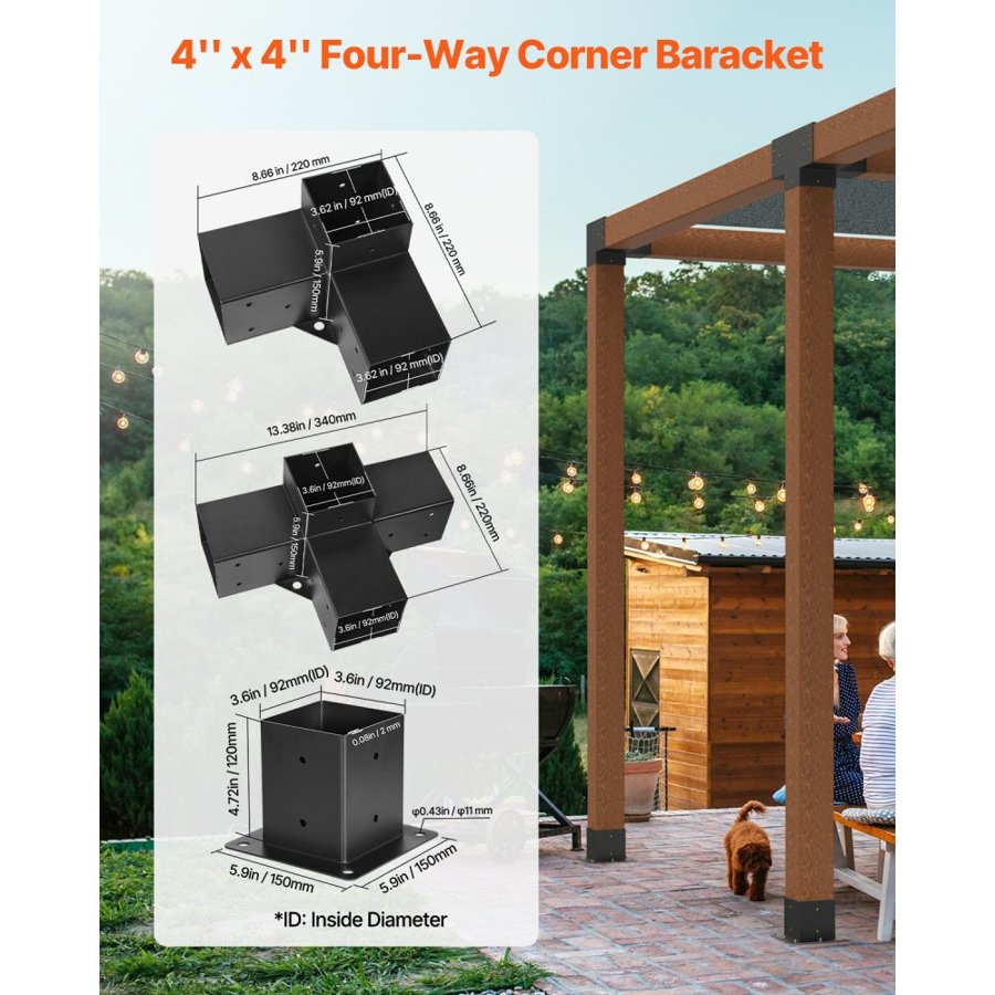 VEVOR Pergola Kit, 4x4 Inch Pergola Brackets for 92 x 92 mm Wood Beams in Actual Dimension, 3-Way (4 Pcs) and 4-Way (2 Pcs) Gazebo Brackets with 6 Post Bases, for Outdoor Pergolas, Gazebos, Sheds