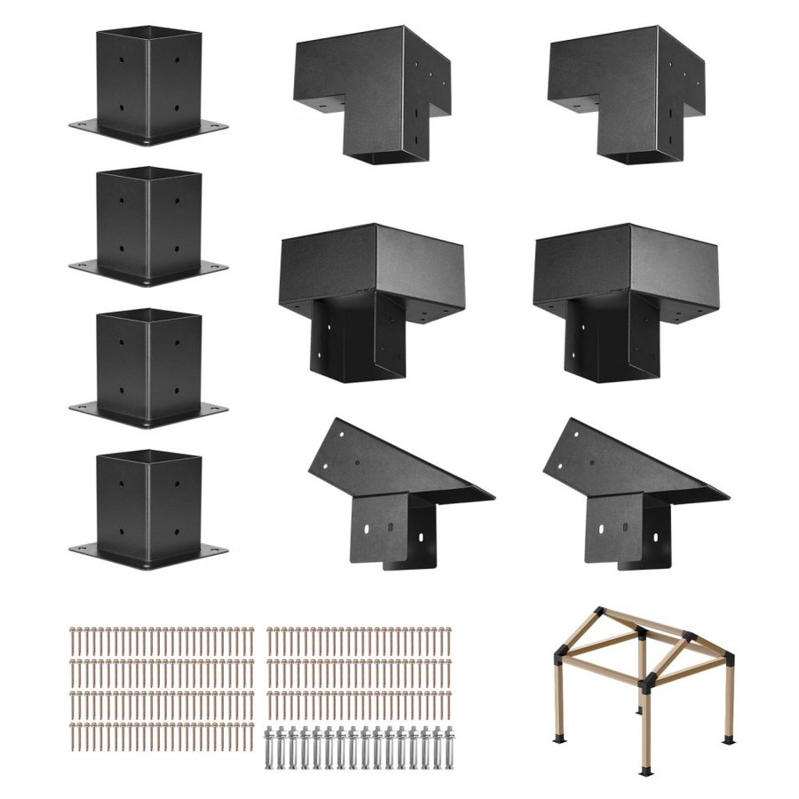 VEVOR Pergola Kit, 4x4 Inch Pointed-Roof Pergola Brackets for 92 x 92 mm Lumbers in Actual Size, 3-Way / 4-Way Gazebo Bracket with Post Bases & Ridge Brackets for Outdoor Pergolas Gazebo Shed, 14 Pcs