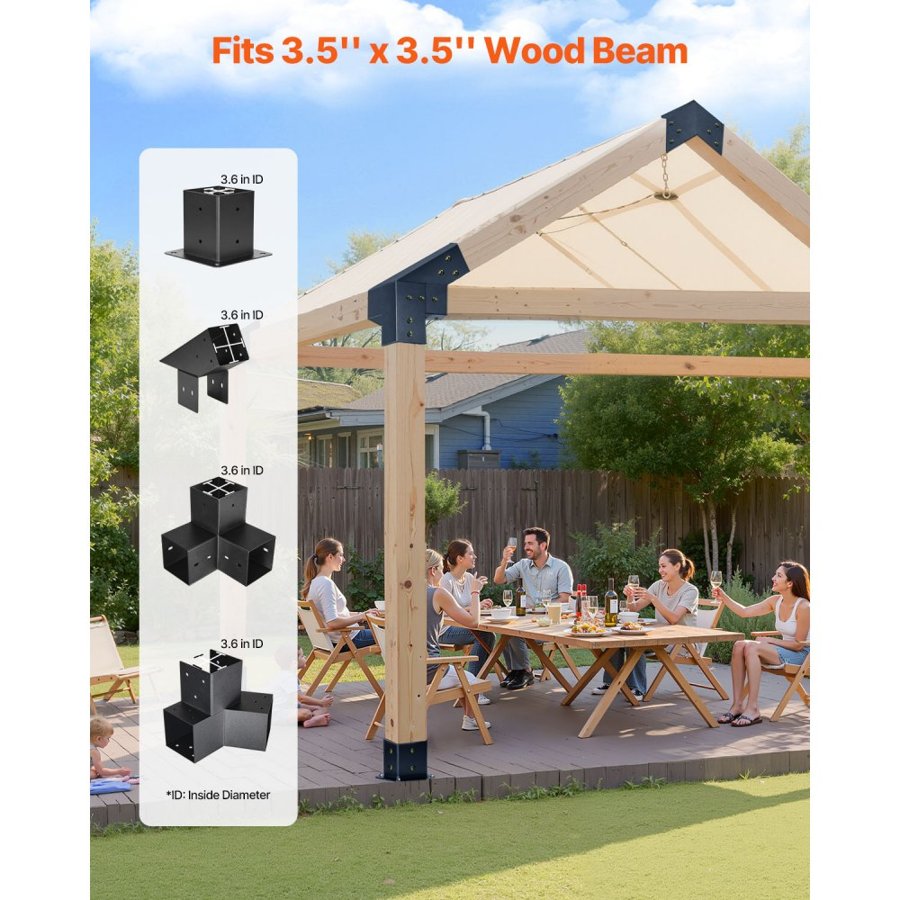 VEVOR Pergola Kit, 4x4 Inch Pointed-Roof Pergola Brackets for 92 x 92 mm Lumbers in Actual Size, 3-Way / 4-Way Gazebo Bracket with Post Bases & Ridge Brackets for Outdoor Pergolas Gazebo Shed, 14 Pcs