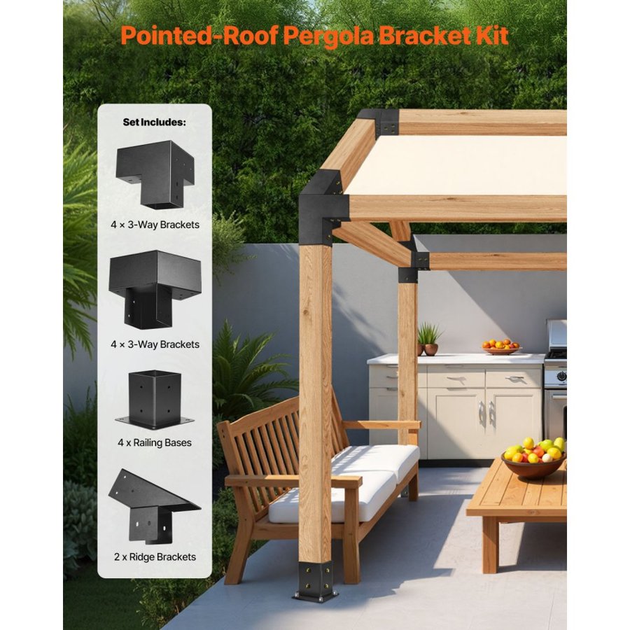 VEVOR Pergola Kit, 4x4 Inch Pointed-Roof Pergola Brackets for 92 x 92 mm Lumbers in Actual Size, 3-Way / 4-Way Gazebo Bracket with Post Bases & Ridge Brackets for Outdoor Pergolas Gazebo Shed, 14 Pcs