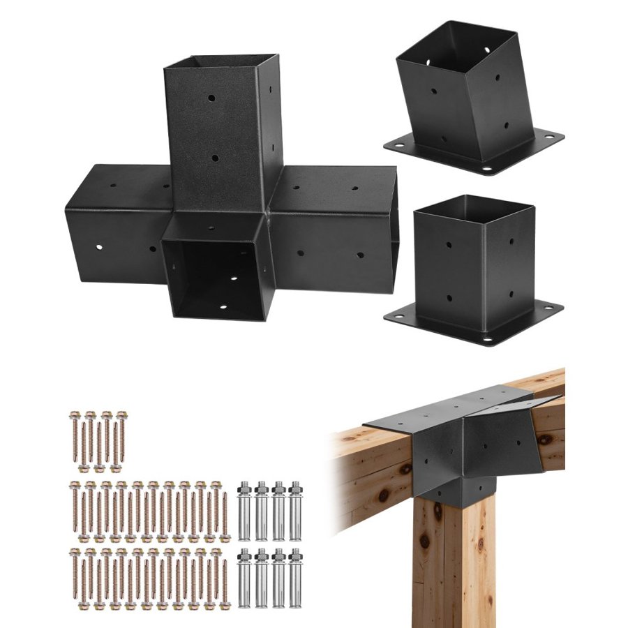 VEVOR Pergola Kit, 4x4 Inch 4-Way Slanted Bracket for 92 x 92 mm Wood Beams in Actual Size, Carbon Steel Pergola Bracket with Post Base and Wall Mount Base, for Outdoor Pergolas, Gazebos, Sheds