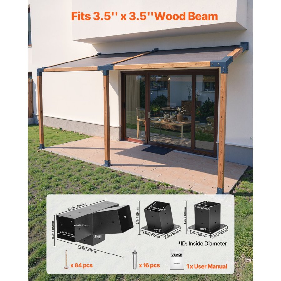 VEVOR Pergola Kit, 4x4 Inch 4-Way Slanted Bracket for 92 x 92 mm Wood Beams in Actual Size, Carbon Steel Pergola Bracket with Post Base and Wall Mount Base, for Outdoor Pergolas, Gazebos, Sheds