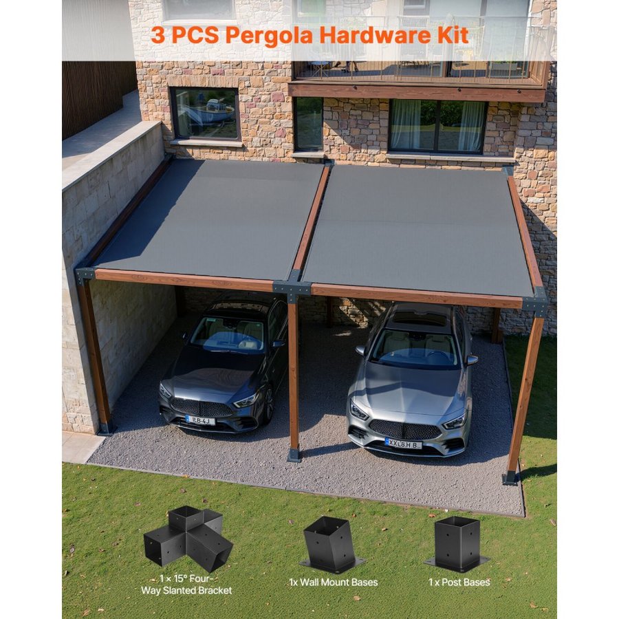 VEVOR Pergola Kit, 4x4 Inch 4-Way Slanted Bracket for 92 x 92 mm Wood Beams in Actual Size, Carbon Steel Pergola Bracket with Post Base and Wall Mount Base, for Outdoor Pergolas, Gazebos, Sheds