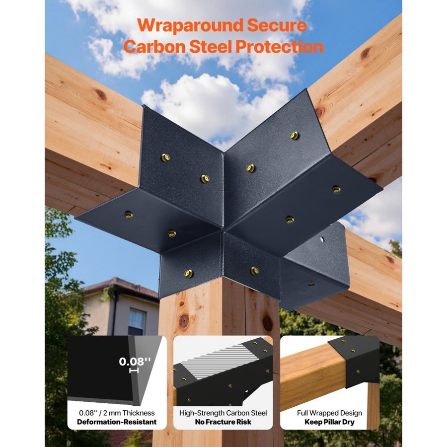 VEVOR Pergola Kit, 4x4 Inch 4-Way Slanted Bracket for 92 x 92 mm Wood Beams in Actual Size, Carbon Steel Pergola Bracket with Post Base and Wall Mount Base, for Outdoor Pergolas, Gazebos, Sheds