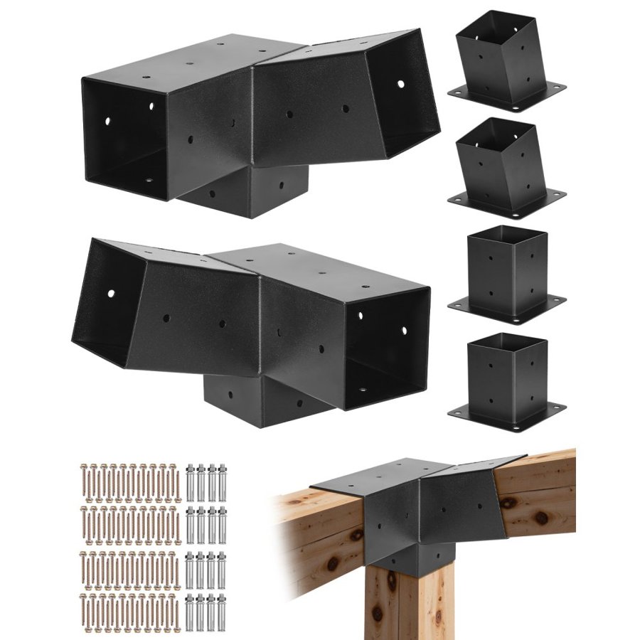 VEVOR Pergola Kit, 4x4 Inch 3-Way Slanted Brackets for 92 x 92 mm Wood Beams in Actual Size, 2-Pack Pergola Brackets with 2 Post Bases and 2 Wall Mount Bases, for Outdoor Pergolas, Gazebos, Sheds