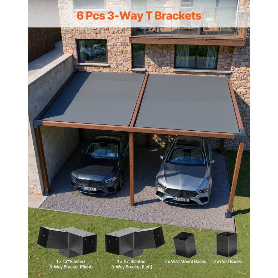 VEVOR Pergola Kit, 4x4 Inch 3-Way Slanted Brackets for 92 x 92 mm Wood Beams in Actual Size, 2-Pack Pergola Brackets with 2 Post Bases and 2 Wall Mount Bases, for Outdoor Pergolas, Gazebos, Sheds