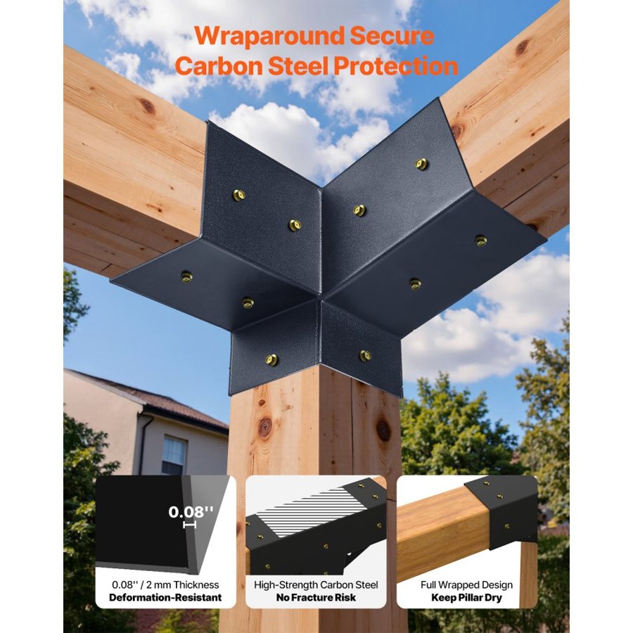VEVOR Pergola Kit, 4x4 Inch 3-Way Slanted Brackets for 92 x 92 mm Wood Beams in Actual Size, 2-Pack Pergola Brackets with 2 Post Bases and 2 Wall Mount Bases, for Outdoor Pergolas, Gazebos, Sheds