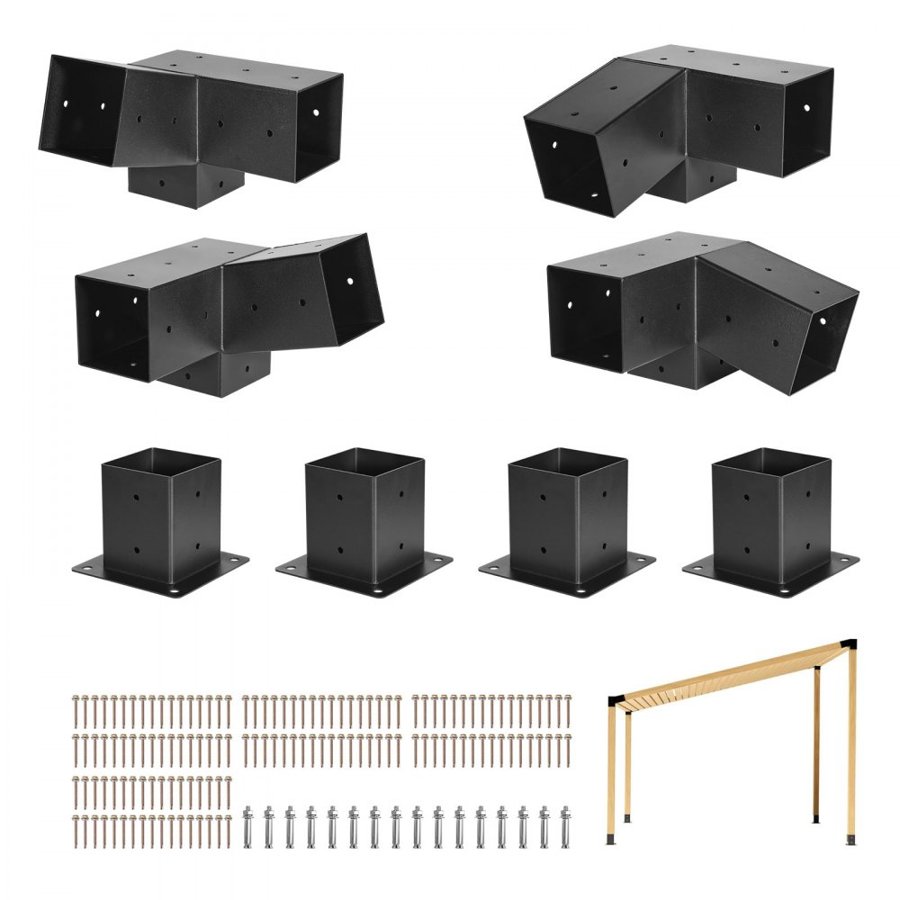 VEVOR Pergola Kit, 4x4 Inch 3-Way Slanted Bracket for 92 x 92 mm Wood Beams in Actual Size, Carbon Steel Pergola Bracket with Screws and Post Bases, for Outdoor Wood Pergolas, Gazebos, Sheds, 8 Pcs