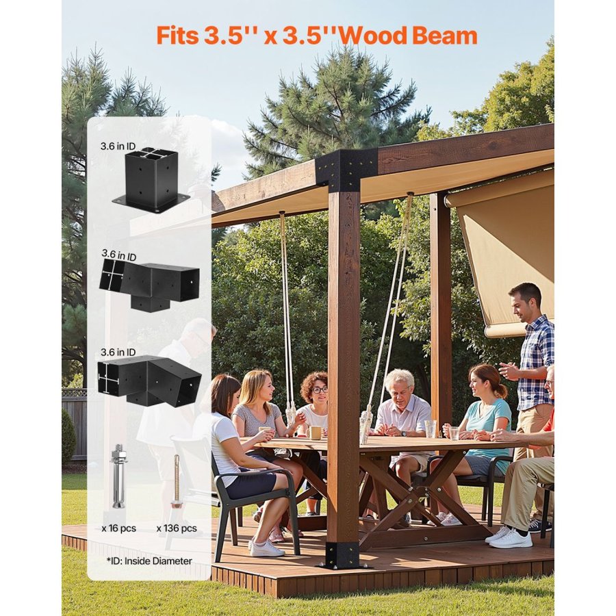 VEVOR Pergola Kit, 4x4 Inch 3-Way Slanted Bracket for 92 x 92 mm Wood Beams in Actual Size, Carbon Steel Pergola Bracket with Screws and Post Bases, for Outdoor Wood Pergolas, Gazebos, Sheds, 8 Pcs