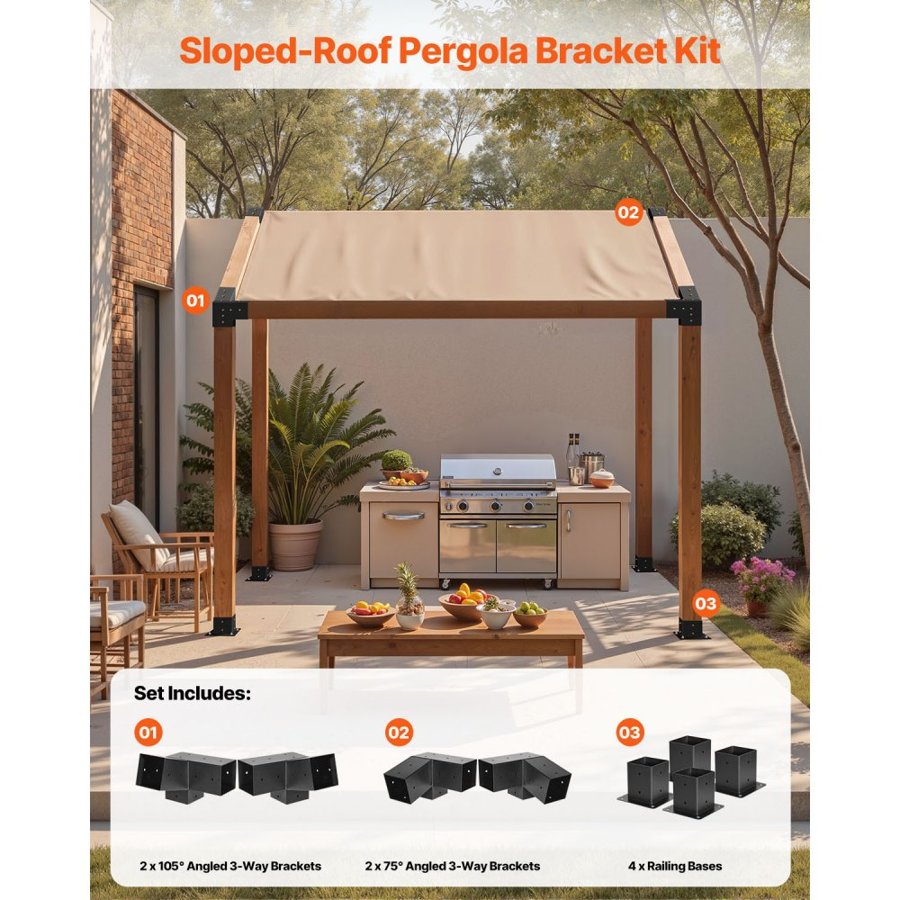 VEVOR Pergola Kit, 4x4 Inch 3-Way Slanted Bracket for 92 x 92 mm Wood Beams in Actual Size, Carbon Steel Pergola Bracket with Screws and Post Bases, for Outdoor Wood Pergolas, Gazebos, Sheds, 8 Pcs