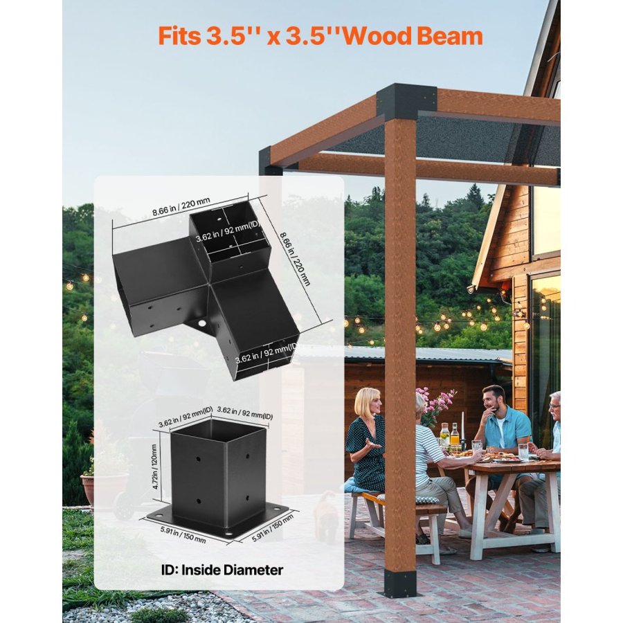 VEVOR 4x4 3 Way Bracket – 3.5x3.5 in, 2mm Steel, 60mm Anchor