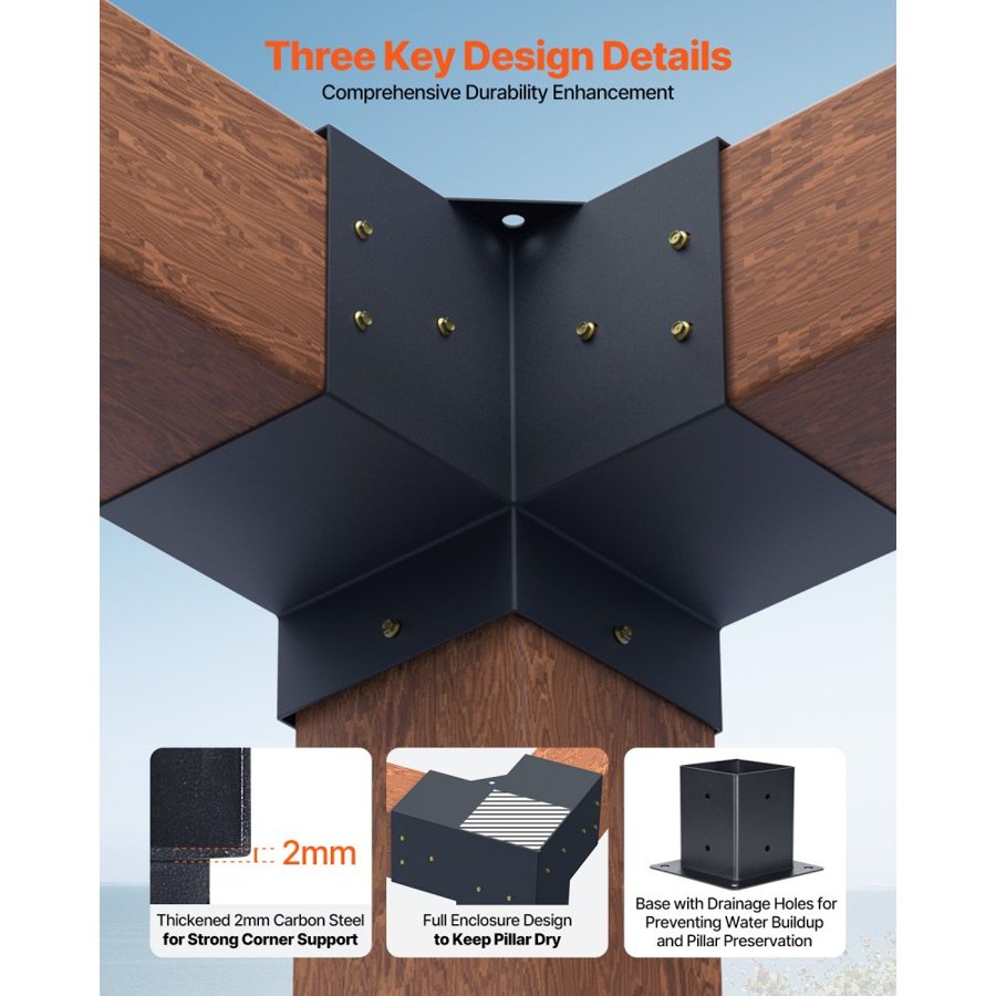 VEVOR 4x4 3 Way Bracket – 3.5x3.5 in, 2mm Steel, 60mm Anchor
