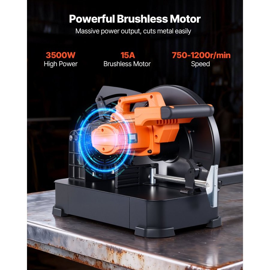 VEVOR Chop Saw, 355 mm Stainless Steel Cold Cut Blade, 3500 W Powerful Brushless Motor, 750-1200 r/min Adjustable Speed, Metal Cutting Chop Saw for Metal Square and Flat Tubes, I-Shaped Steels