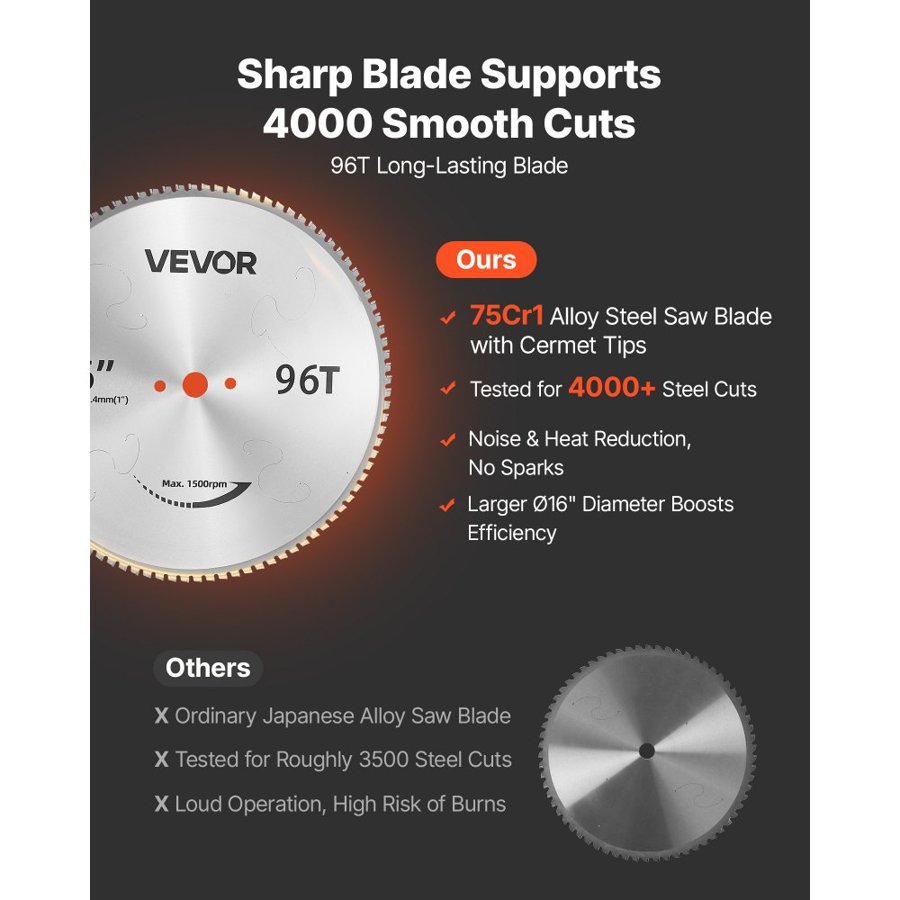 VEVOR Chop Saw 406.4mm Cold Cut Blade 3000 W Powerful Motor Cut Off Saw, For Cutting Metal, -45° to 45° Adjustable Angle, Efficient Dry Cutting, Stable, with Thickened Blade Guard and Scale Ruler