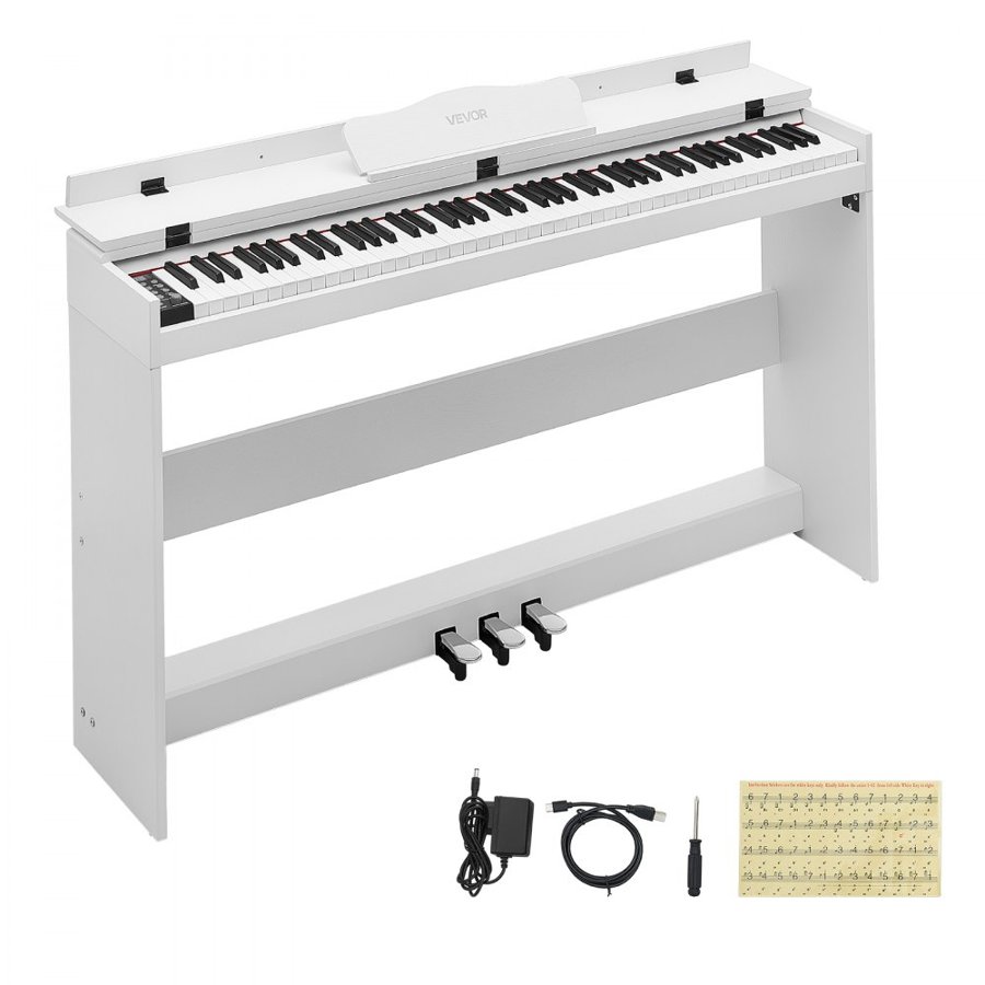 VEVOR Digital Piano 88 Keys Semi Weighted Keyboard with Stand Speaker White, for Beginners, 128 Tones, 128 Rhythms, Full Size Electric Piano, with Pedal, Headphone Jack, USB/MIDI, Sheet Music Stand